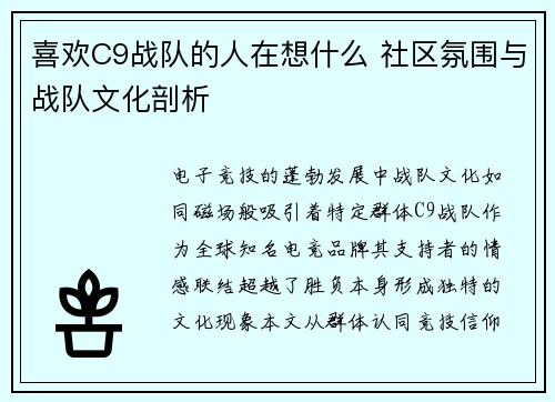 喜欢C9战队的人在想什么 社区氛围与战队文化剖析
