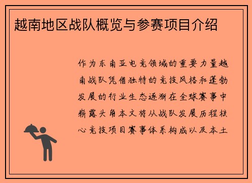 越南地区战队概览与参赛项目介绍