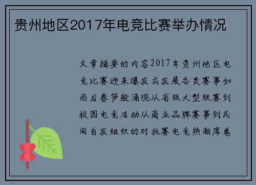 贵州地区2017年电竞比赛举办情况